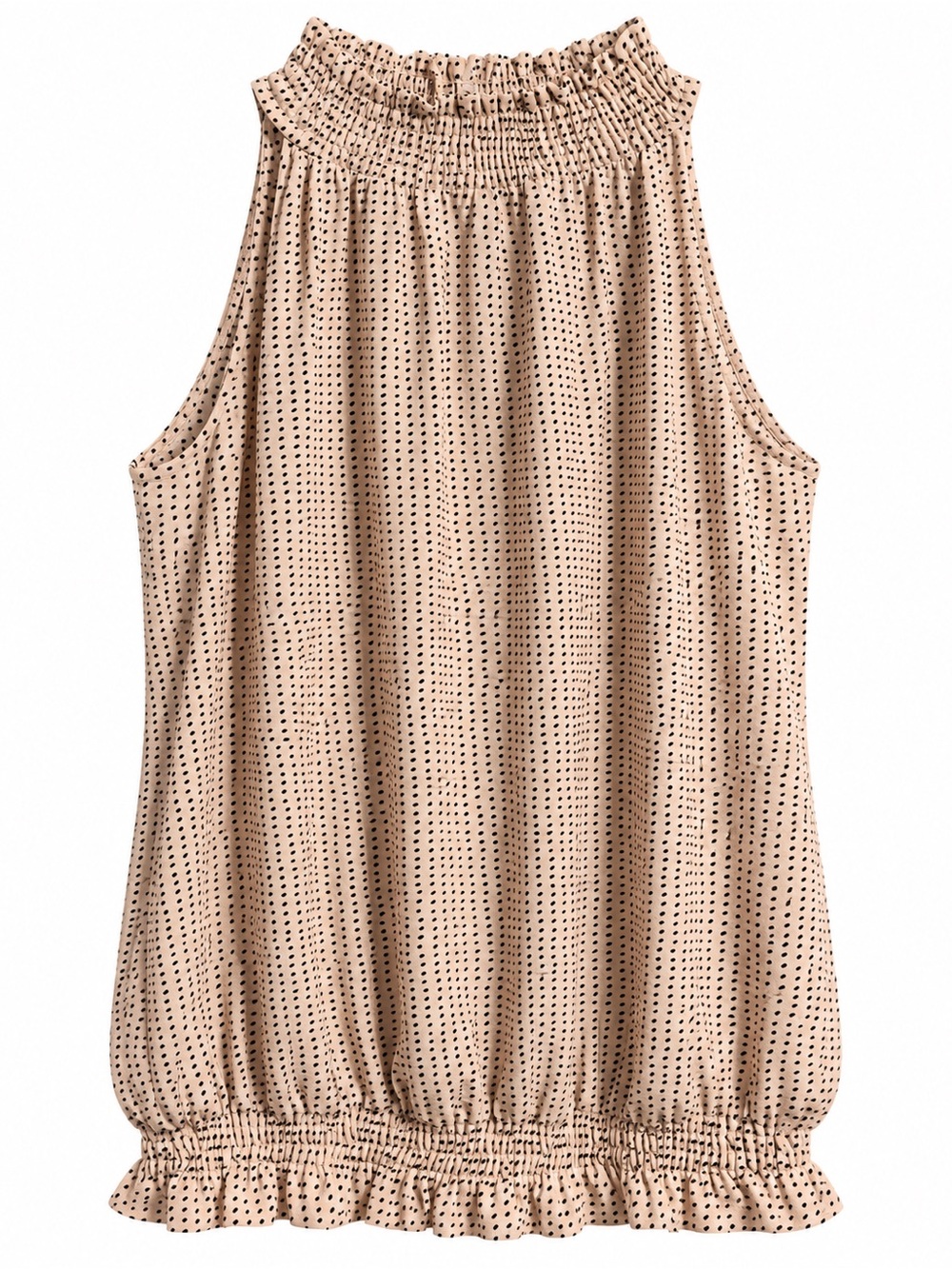 Adrianna Papell Blush Beige Polka Dot Sleeveless Blouse Women’s L Smocked Ruffle